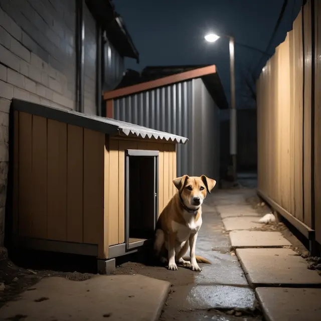 Lonely dog in dark alley needing shelter